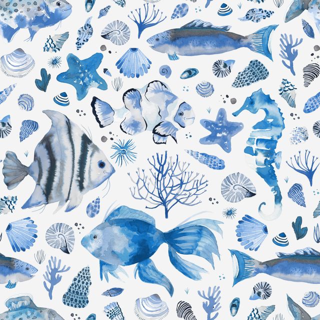 Kissen Fishes and Shells Marine Blue