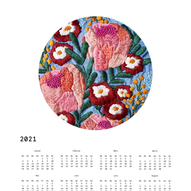 Textilposter Kalender Blumenstickerei