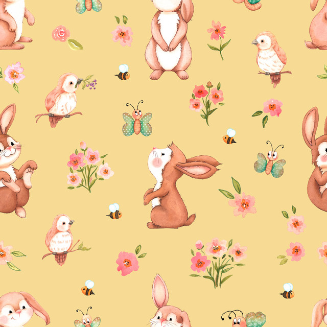 DekovorhangHello Spring Rabbits Gelb