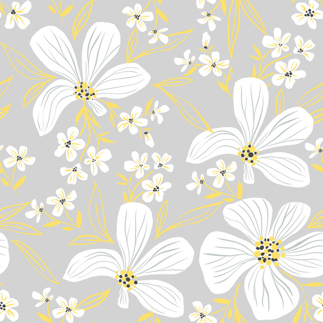 Textilposter Blumen grau gelb