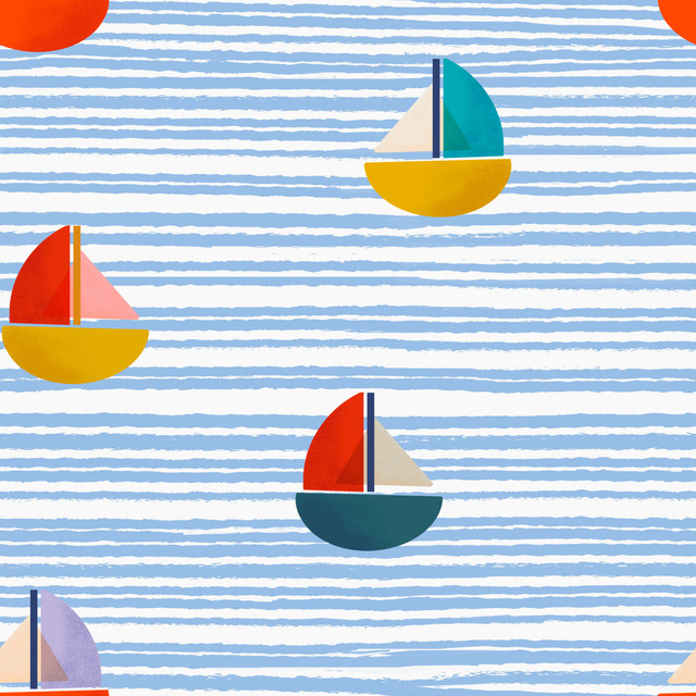 Flächenvorhang Bunte Boote Streifen Hellblau