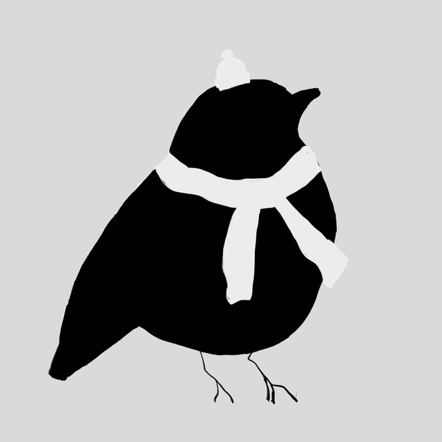 Textilposter Vogel mit Schal & Mütze GRAU