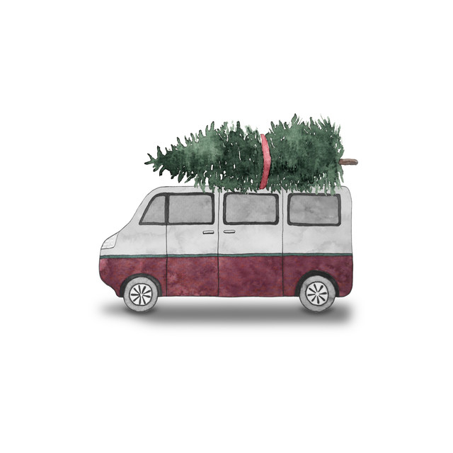 Textilposter Bus mit Weihnachtstanne rot