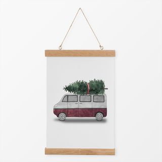 Textilposter Bus mit Weihnachtstanne rot